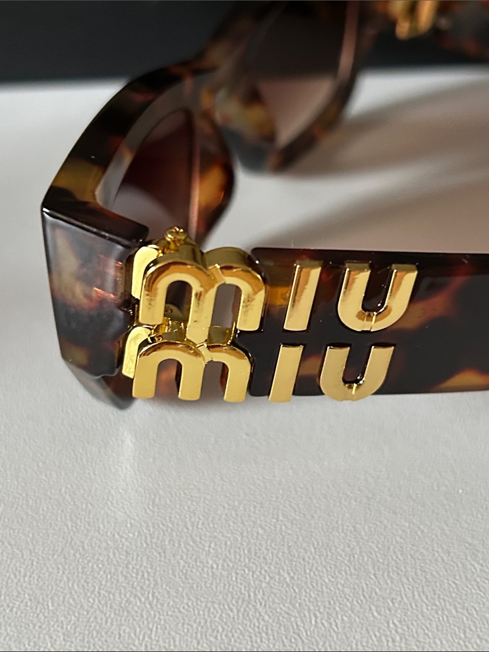 “ Miu Miu” Tortoiseshell Rectangular Sunglasses with Gold Accents - Picture 8 of 9